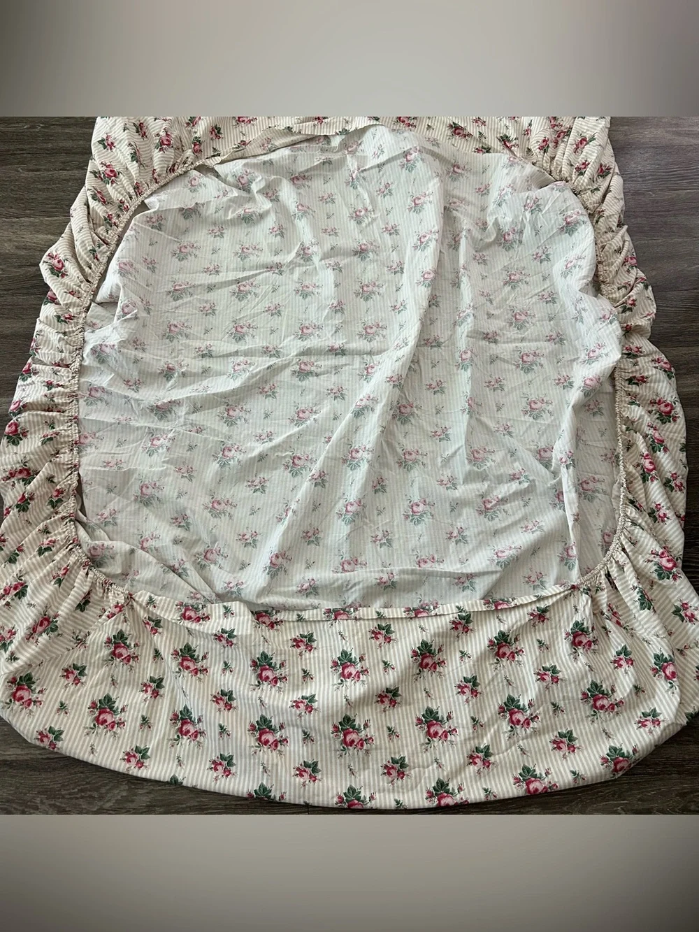 Vintage RALPH LAUREN Marseilles Stripe Queen Fitted Sheet Beige Tan Floral Rose